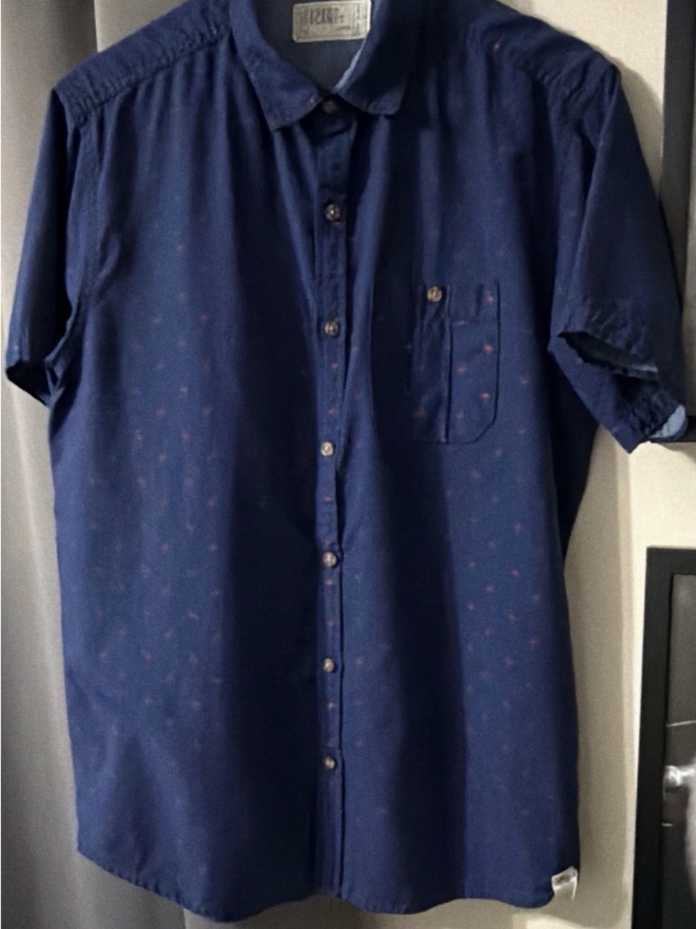 Free Planet Men's Navy Button-Down Short Sleeve Shirt with Subtle Print